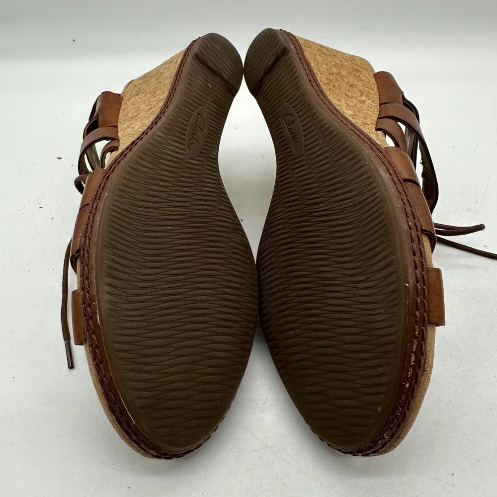 Clarks 261247694065 Womens Size 9 Helio Mindin Brown Leather Cork Wedge Sandals